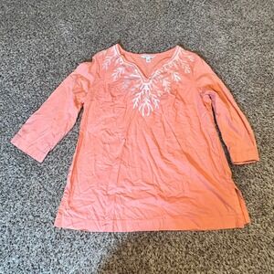 Croft & Barrow Womens L Coral Orange Embroidered Split V-Neck 3/4 Sleeve Tunic